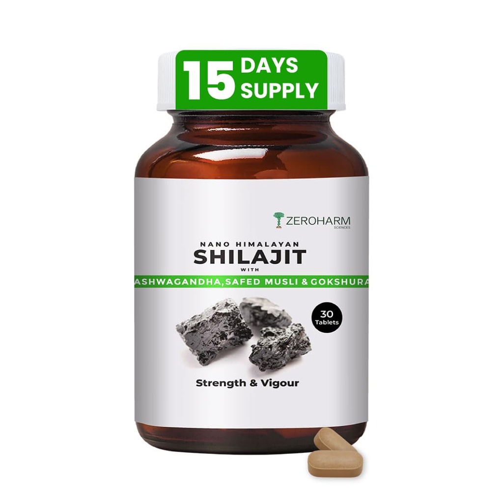 ZEROHARM Nano Himalayan Shilajit With Ashwagandha, Safed Musli & Goksura | Boosts Fitness, Stamina | Improves Energy, Performance & Helps Manage Stress | For Men and Women | 30 Shilajit Tablets