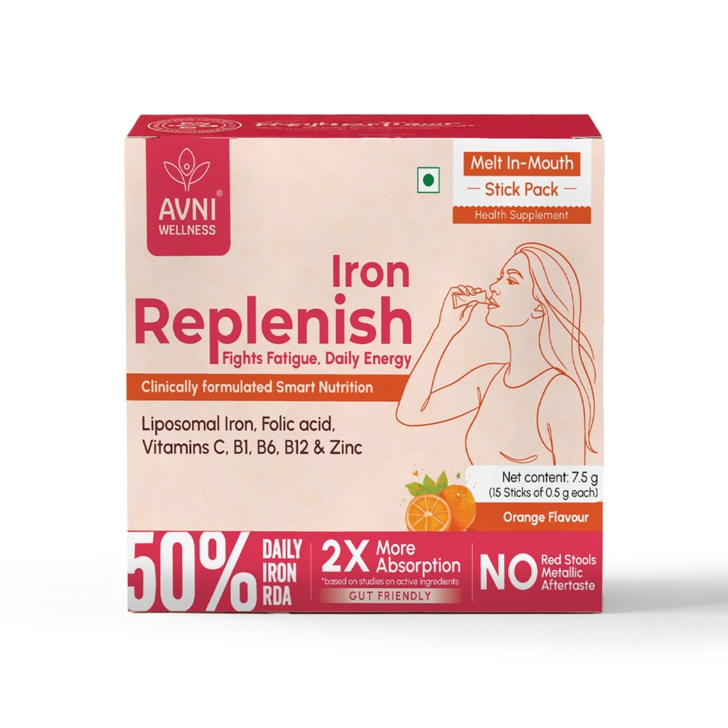 Replenish Iron supplement for Women by Avni Wellness, 50% RDA, Liposomal Iron, Zinc and 5 Vitamins, Melt-in-Mouth powder, 15 sachets