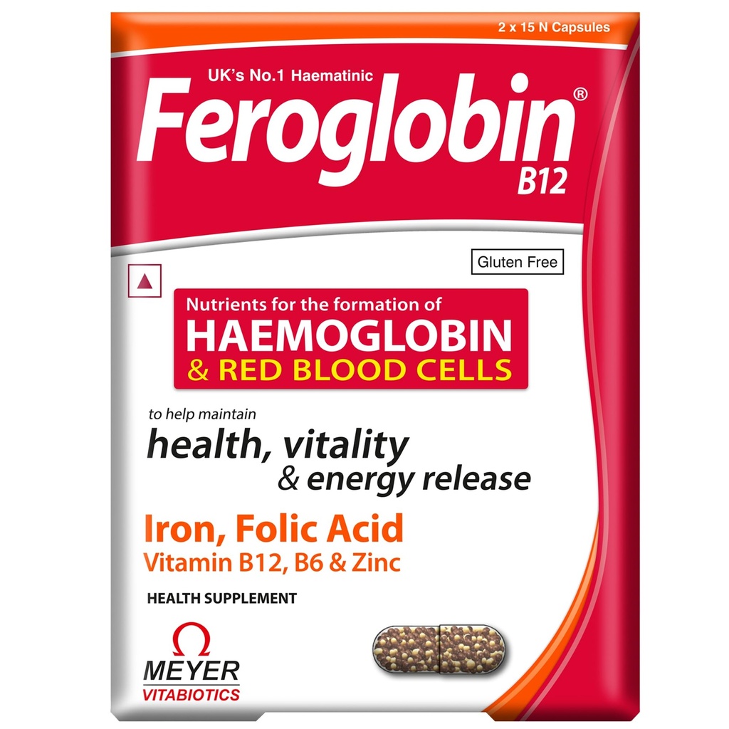 Feroglobin B12 Capsules for Iron, Haemoglobin & Red Blood Cell Formation (Monthly Pack) | Iron, Folic Acid, Vitamin B12, B6 & Zinc | Supports Energy Release & Vitality | Gluten Free | 30 Capsules