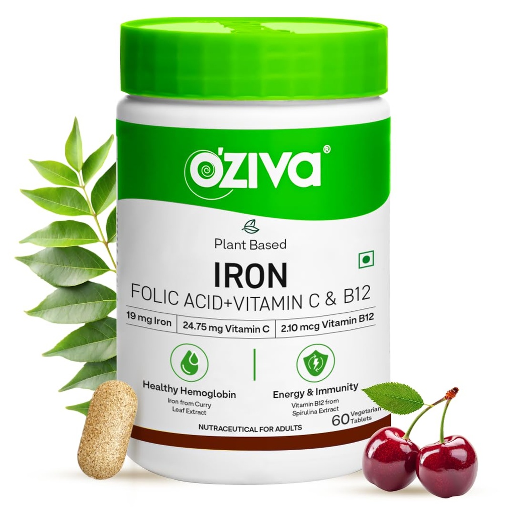 OZiva Iron Supplement with Folic Acid, Vitamin C & B12 | Supports hemoglobin, energy & immunity | For Men & Women - 60 Tablets
