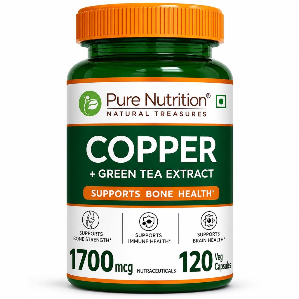 Pure Nutrition Copper Supplements | Copper Tablets Capsules for Men & Women 1700mcg with Green Tea Extract | Support Connective Tissues, Brain Health, Boost Immunity - 120 Veg Capsules