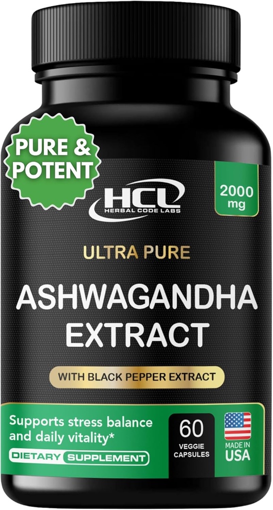 Capsules de Ashwagandha bio 2000 MG extrait de poudre de racine avec poivre noir et baume de citron 2 mois d'approvisionnement - Voie naturelle pour soulager le stress