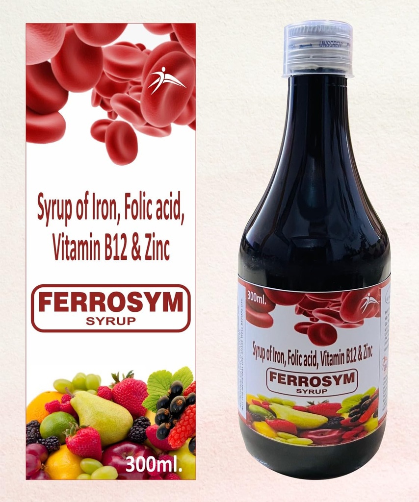 Ferrosym Syrup 300ml | Iron Syrup with Vit B12-Folic Acid-Zinc | Iron Supplement For Men and Women | Cures Anemia | Improve Hemoglobin Levels and Boost Platelets | Accure Pharma (BUY 2 SYRUPS AND GET 1 PREMIUM PAIN OIL WORTH RS. 160 FREE)