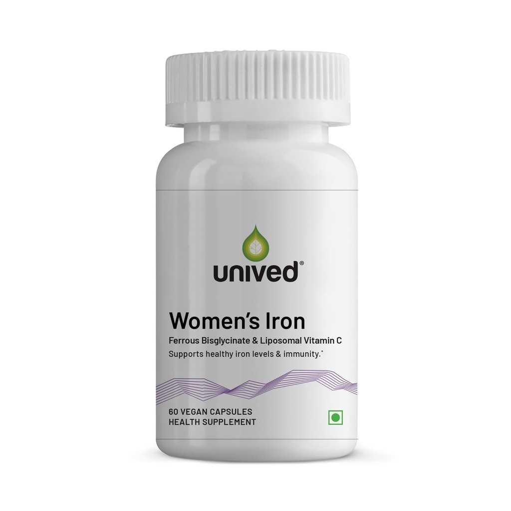 Unived Women's Iron Supplement – Ferrous Bisglycinate + Liposomal Vitamin C – GENTLE, NON-CONSTIPATING – 29mg (100% RDA), Supports Iron Levels & Immunity – 60 Vegan Capsules (60 Day Supply)