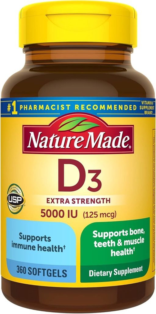 Nature faite de vitamine D3 5000 UI (125 mcg) Softgels, supplément de vitamine D extra-forte pour le soutien de santé osseux et immunitaires, 360 comtes, 360 jours