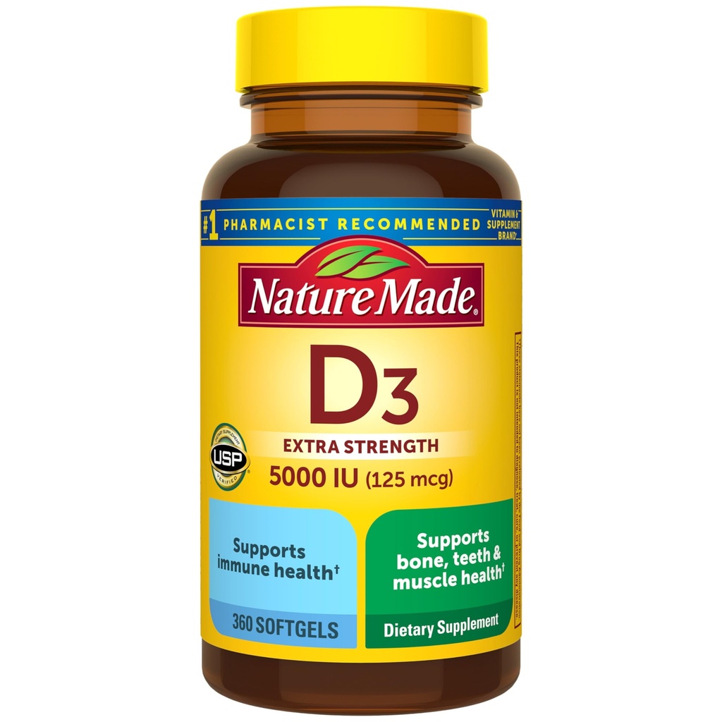 Nature faite de vitamine D3 5000 UI (125 mcg) Softgels, supplément de vitamine D extra-forte pour le soutien de santé osseux et immunitaires, 360 comtes, 360 jours