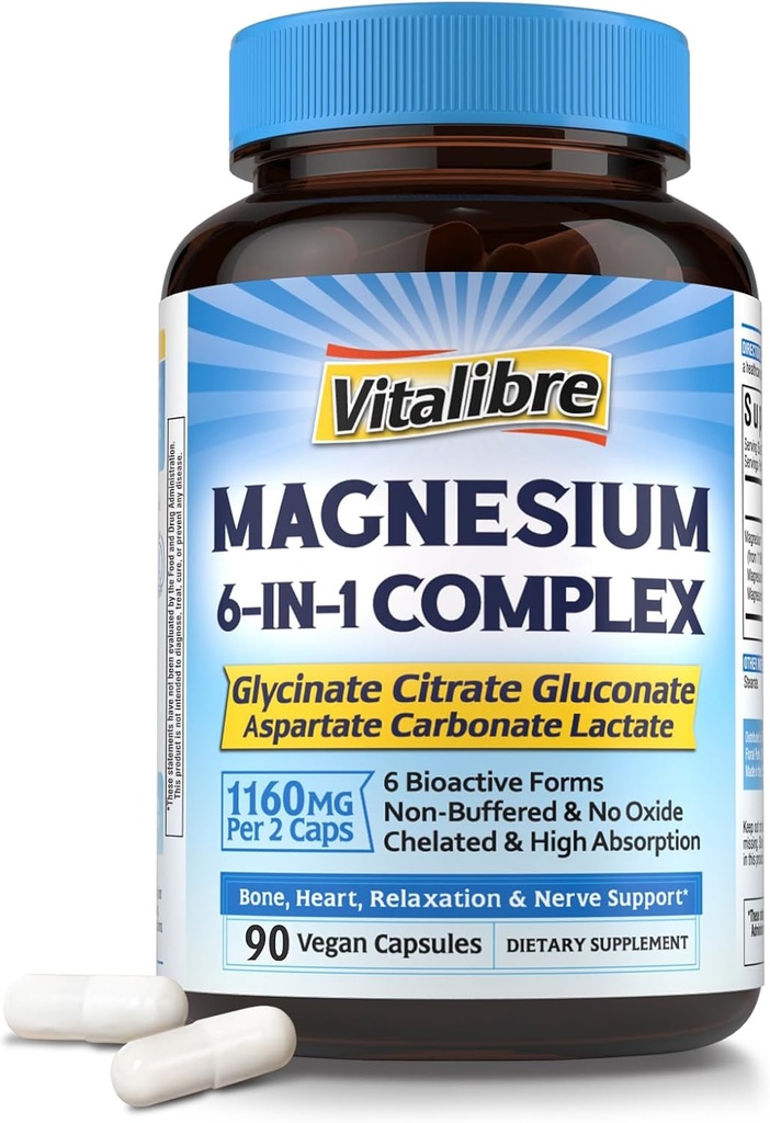 Supplément complexe de magnésium 6 en 1, 1160mg Magnésium chélaté pour l'absorption maximale, aide à mieux dormir, relaxation et nervosité calme, 90 Capsules Vegan, sans OGM et sans gluten