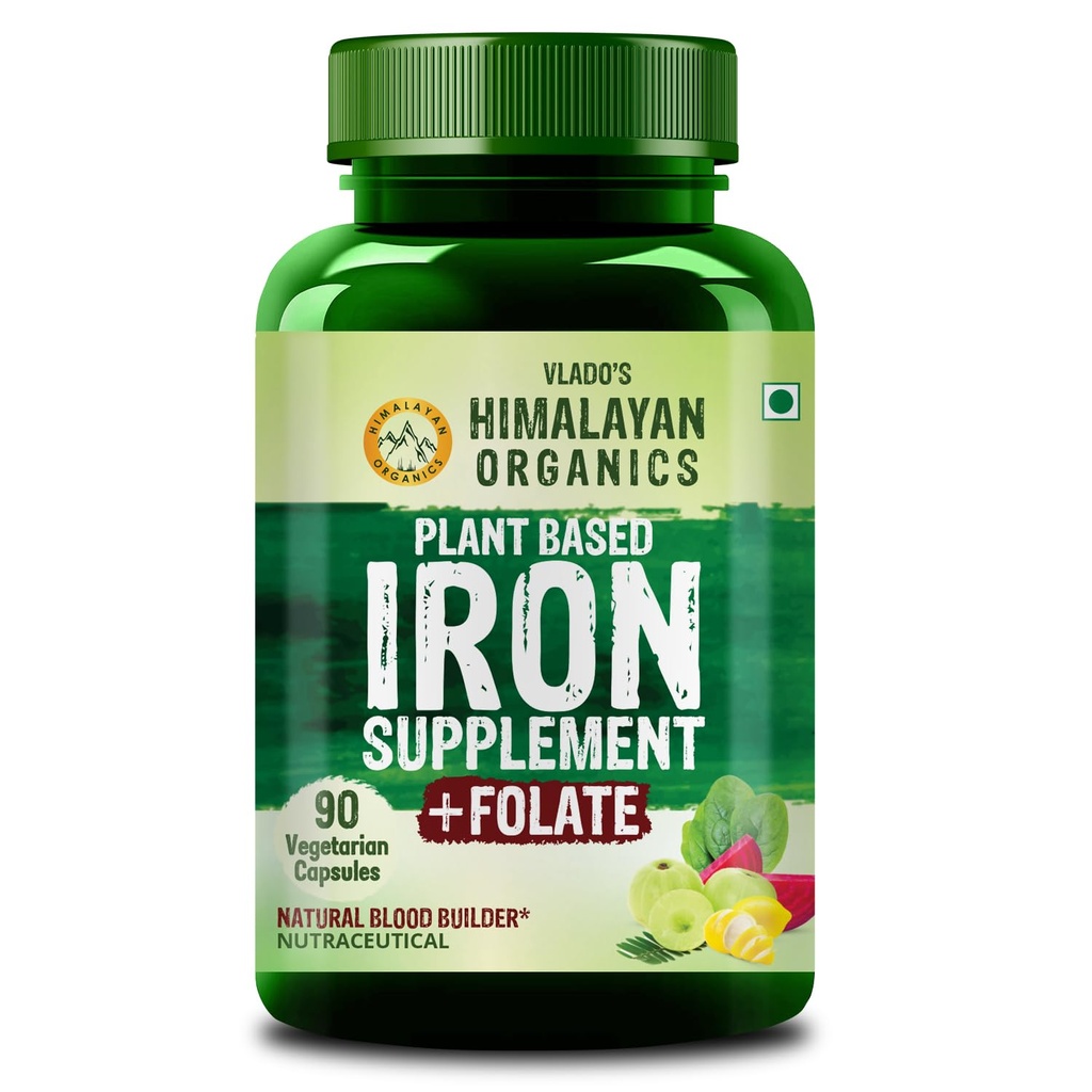 Vlado's Himalayan Organics Plant Based Iron Supplement for Women and Men | Folic Acid Tablets for Pregnancy | Hemoglobin Booster I With Vitamin B12,Vitamin C and folic acid - 90 Veg Capsules