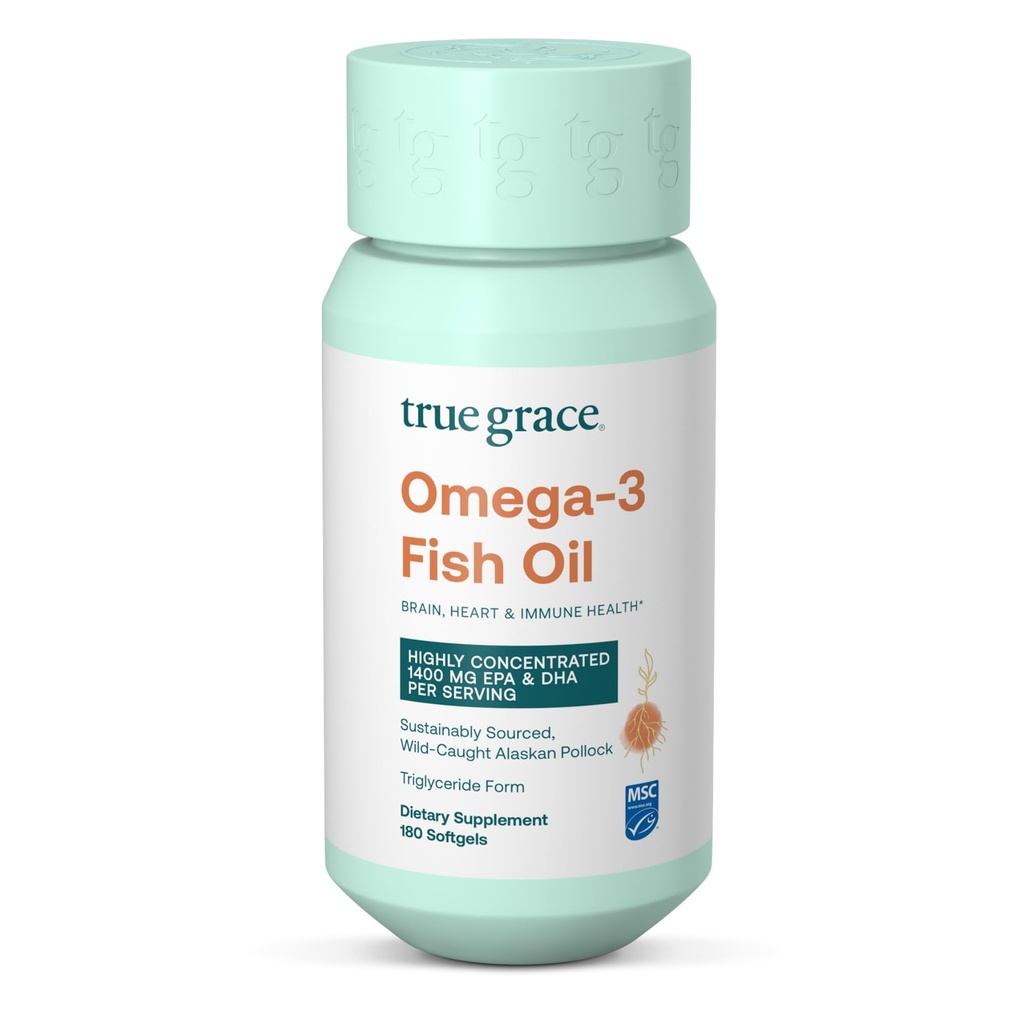 True Grace Omega-3 Huile de poisson - 180 Softgels - 1400 mg EPA + DHA - Santé du cerveau, du coeur, des articulations et des immunes - bio, sans gluten, sans soja