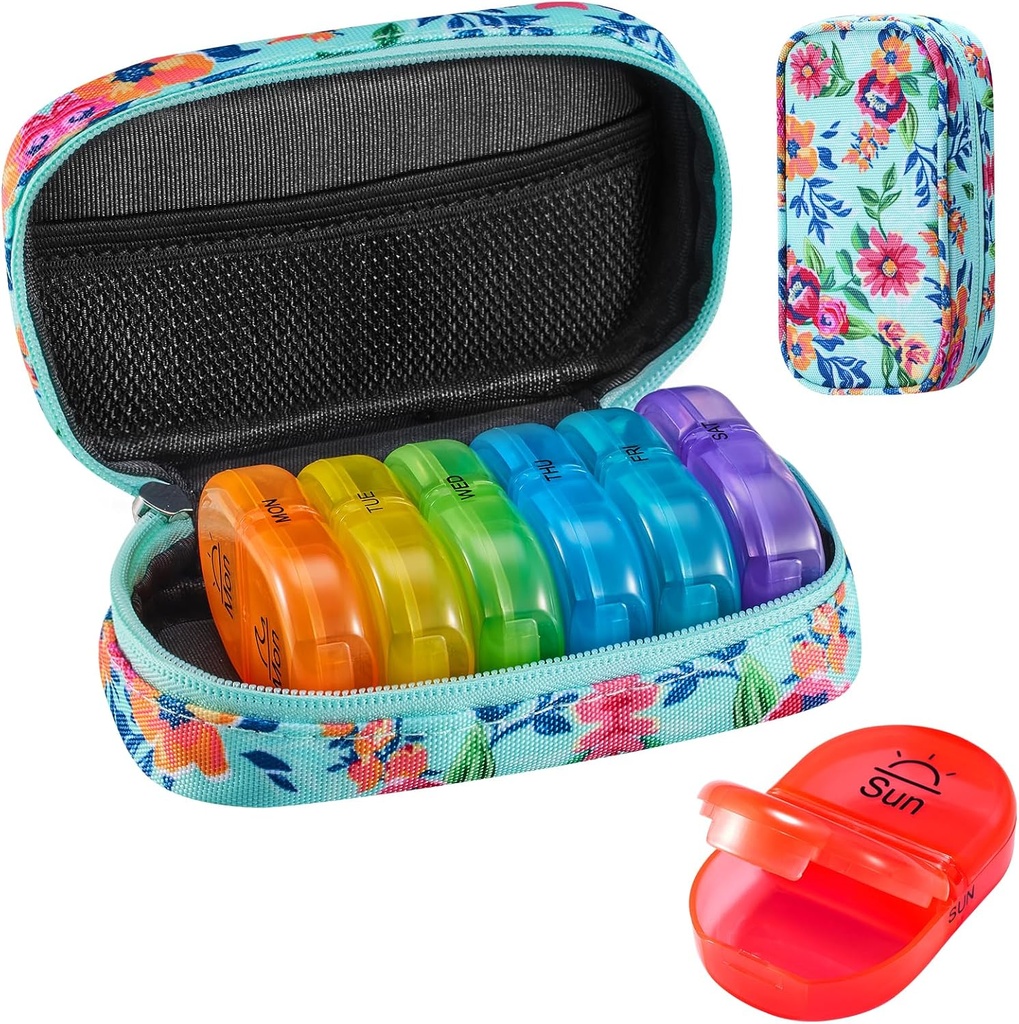 Serfeymi Weekly Travel Pill Organizer 2 fois par jour AM PM Upgraded Rainbow Pill Box 7 Day with Portable Zipper Toile Pill Case, Organisateur de médecine pour les pilules, les vitamines, les huiles de poisson - Vert 01