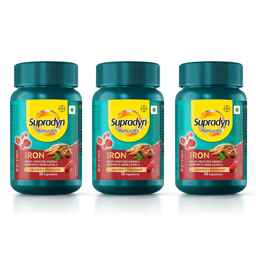 Supradyn Naturals Iron (90 tablets) For Women, Multivitamin with 3X Iron, Ashoka, Shatavari, Zinc, Vitamin C, Folic Acid, 30 vital nutrients, Supports Blood Health & Provides Energy, Veg
