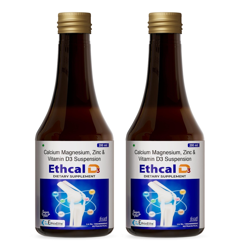 Ethcal D3 Calcium, Magnesium, Zinc & Vitamin D3 Syrup, 200 ml, Pack of 2 | Calcium Syrup for Women & Men | Magnesium Zinc Supplement With Vitamin D3 To Support Bones, Joints & Muscles, Joints & Immunity