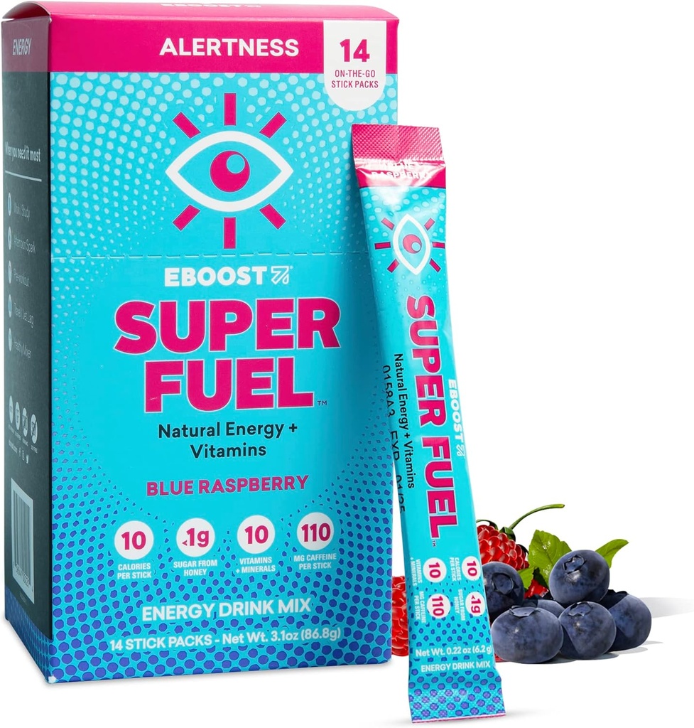 EBOOST Energy Drink Powder, Super Fuel - Blue Raspberry, 14 Packets - Pré-entraînement en poudre Energy Drink Mix - Natural Energy, L-Tyrosine, L-Theanine & Vitamines - Pré-entraînement pour les femmes et les hommes à partir
