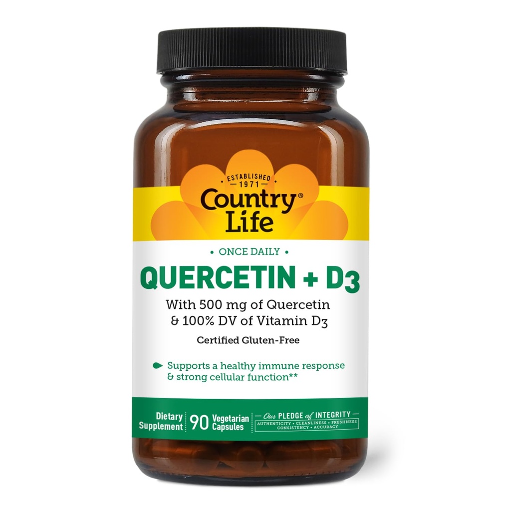 Country Life Quercetin 500mg Capsules avec vitamine D3 800 UI – Supplément de soutien immunitaire pour les adultes – Boosters quotidiens immunitaires – Quercetin Immune System Boost, 90 Capsules