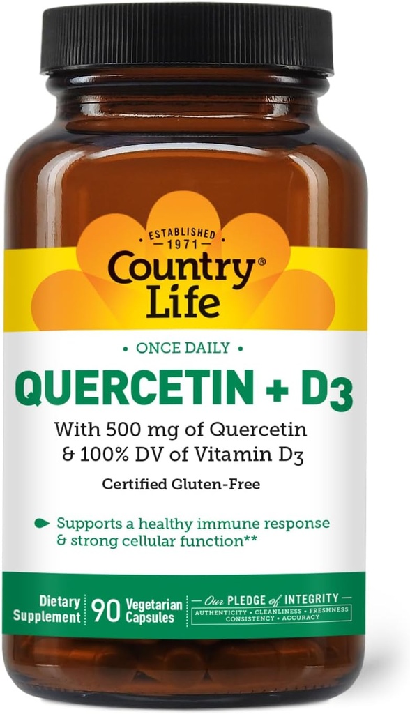 Country Life Quercetin 500mg Capsules avec vitamine D3 800 UI – Supplément de soutien immunitaire pour les adultes – Boosters quotidiens immunitaires – Quercetin Immune System Boost, 90 Capsules