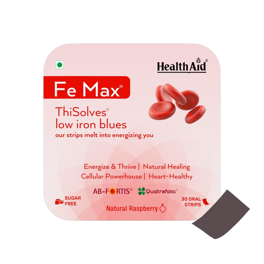 HealthAid® Fe Max™ ThiSolves™ – Iron + Folic Acid Oral Strips | With Vitamin C, Zinc & Beetroot | Haemoglobin & Energy Support | 30 Strips