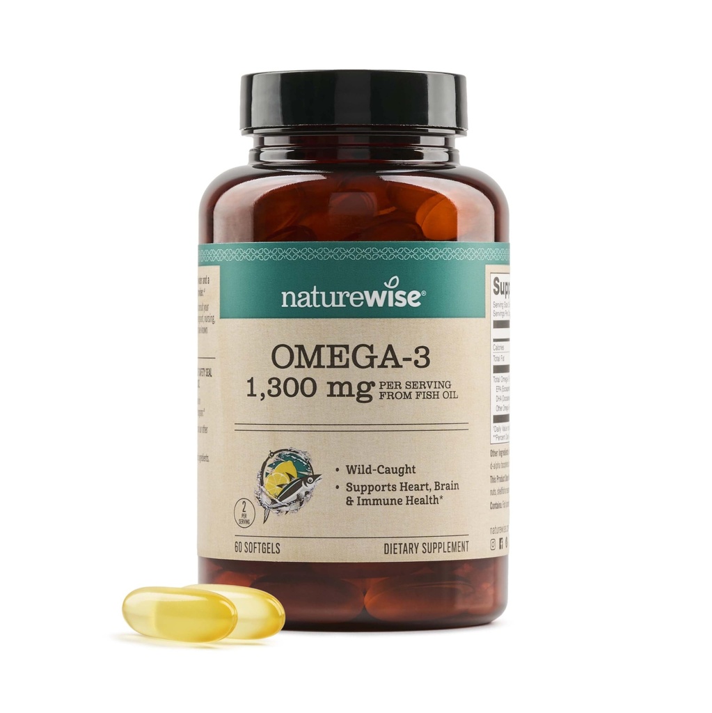 NatureWise Ultra Omega 3 Huile de poisson 2200 mg - Forme de triglycéride - Saveur de citron - Huile de poisson d'origine sauvage + EPA & DHA - Soutient la santé du cerveau et du coeur - Sans Burpless, Non-OGM - 60 Softgels[1-Mois]