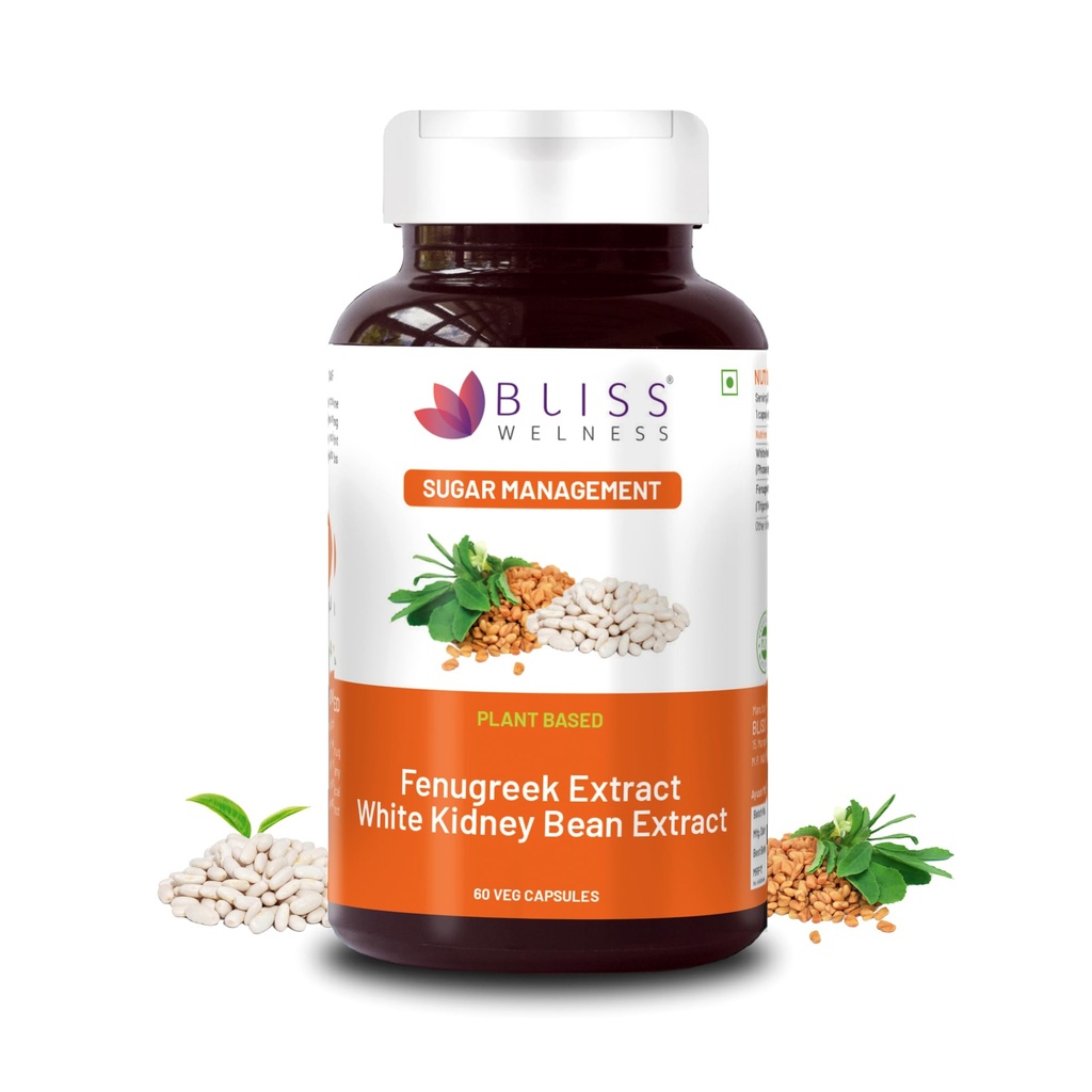 Bliss Welness Blood Sugar & Weight Management | Pure Fenugreek Extract 3X Saponins + White Kidney Bean Extract Carb Blocker | Gut Hair Skin Health Sugar Management Supplement - 60 Veg Capsules
