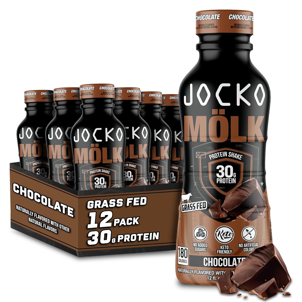 Jocko Mölk 30g Herbacé Secoues de protéines de fécule – Pas d'ajout de boissons de protéines de sucre KETO amical - prêt à boire 12 FL Oz (paquet de 12) chocolat