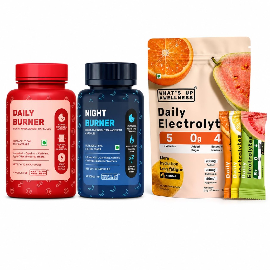 What’s Up Wellness Daily + Night Burner & Electrolytes Assorted Pack Combo Zero Added Sugar | Instant Hydration | GLP1 for Weight Loss