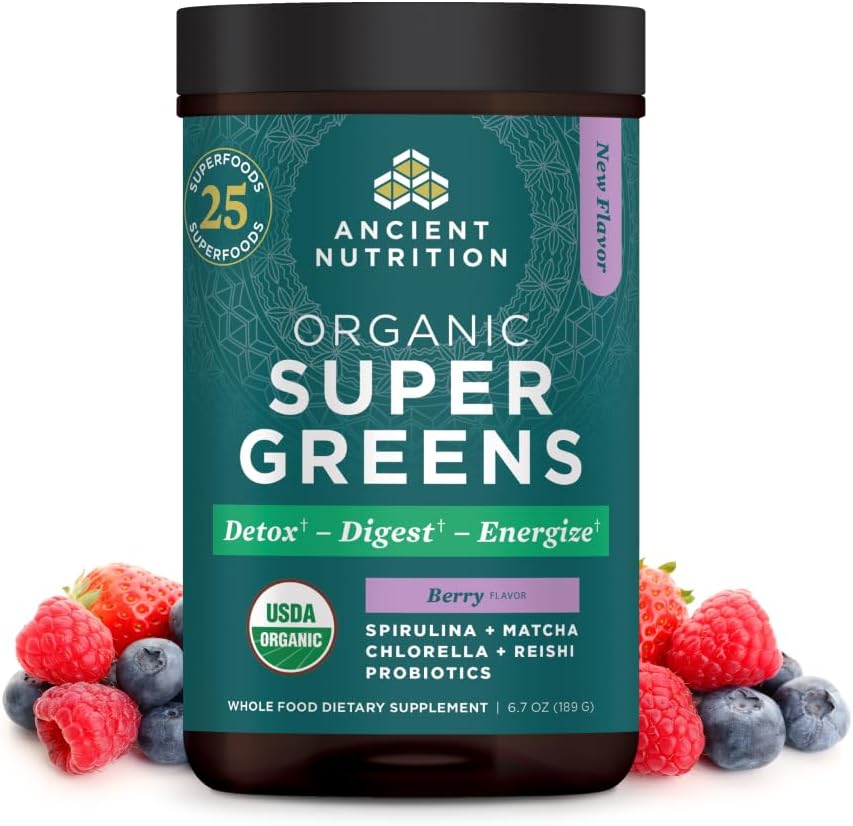 Alimentation ancienne SuperGreens Poudre avec Probiotiques, Bio Berry Savor Greens, Fait à partir de fruits réels, légumes et herbes, Soutien digestif et énergétique, 25 portions, 6.7oz
