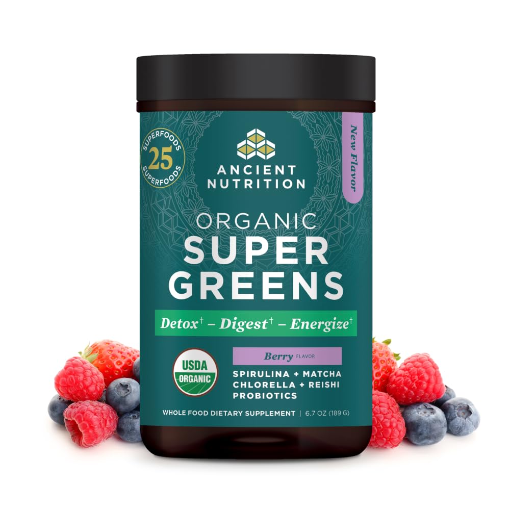 Alimentation ancienne SuperGreens Poudre avec Probiotiques, Bio Berry Savor Greens, Fait à partir de fruits réels, légumes et herbes, Soutien digestif et énergétique, 25 portions, 6.7oz