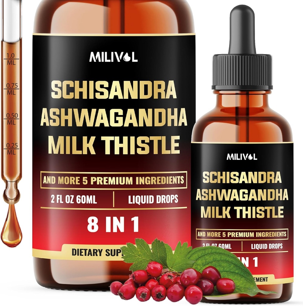 8en1 Schisandra Berry gouttes avec le chardon de lait, Ashwagandha, Rhodiola Rosea, Saint Basilic, Artichaut, Dandelion racine et curcumine curcuma - 2 Fl Oz pour 2 mois d'approvisionnement