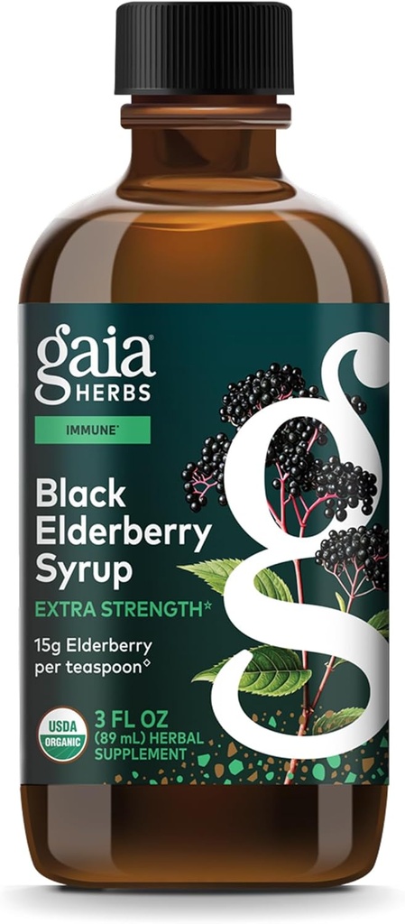 Gaia Herbs Black Elderberry Sirop - Supplément de soutien immunitaire - Fabriqué avec des mûres noires biologiques (Sambucus nigra) pour le système immunitaire* - Formule biologique certifiée USDA - 3 Fl Oz (18 jours d'approvisionnement)