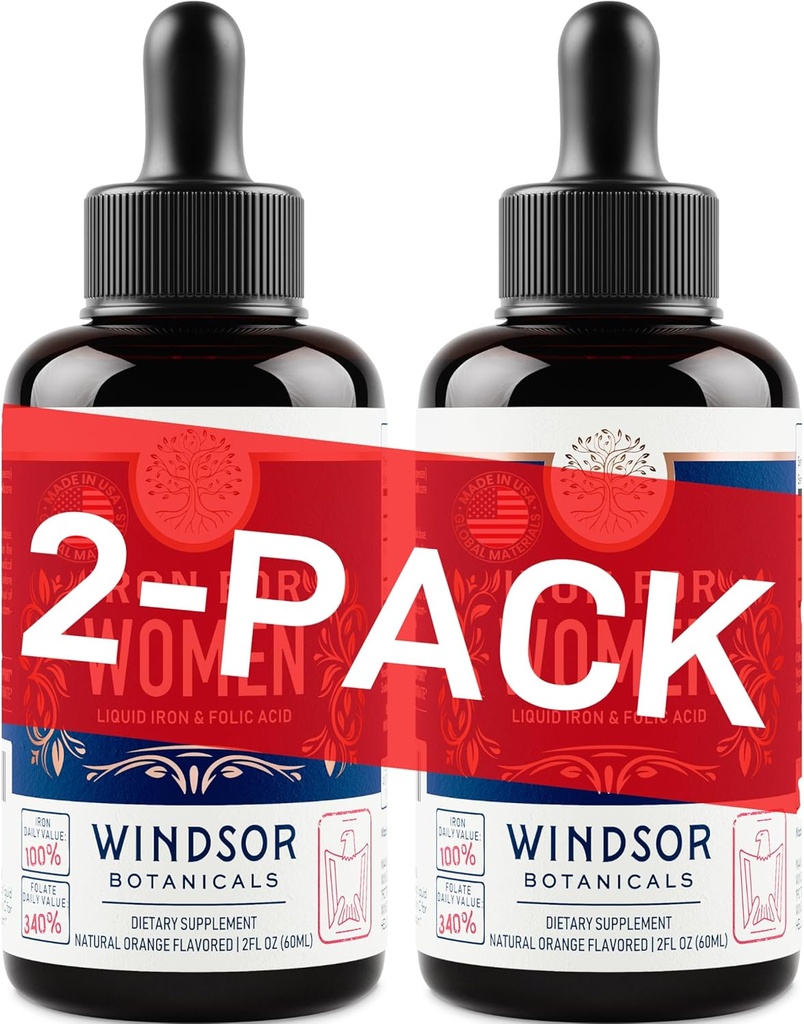 WINDSOR BOTANICALS Supplément en fer liquide pour les femmes 2-Pack - Acide folique, vitamine C, suppléments en fer liquide végétalien pour l'anémie, menstruation, soutien à la grossesse - gouttes de saveur orange - 2x2oz