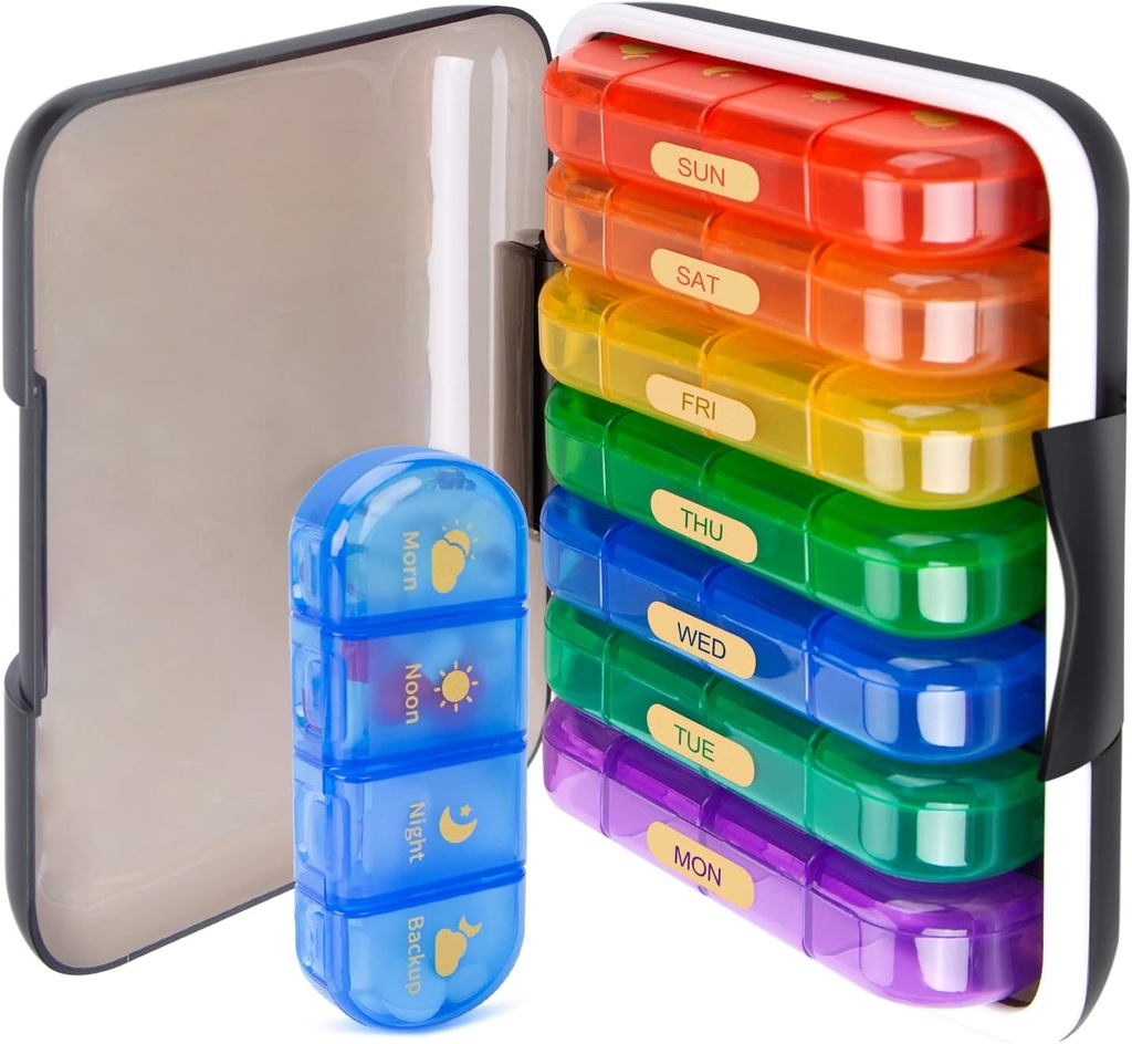MURRI&MURRDI Organisateur de pilules de 7 jours avec 28 cellules, grand cas de pilule hebdomadaire pour 4 compartiments quotidiens, boîte à pilules à l'humidité-proof pour les vitamines, médicaments, suppléments, multicolore
