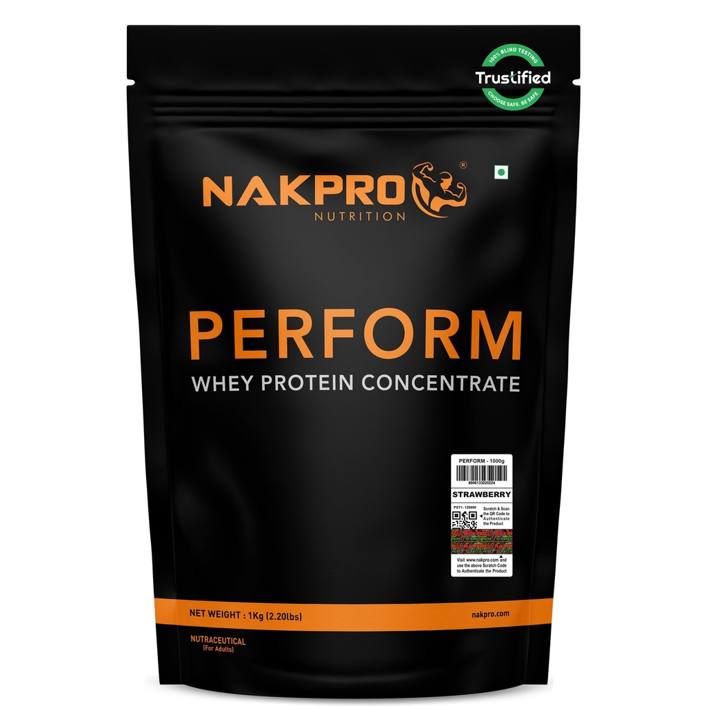 NAKPRO NUTRITION Perform Whey Protein Concentrate | 1kg Strawberry | 24g Protein | Trustified Certified