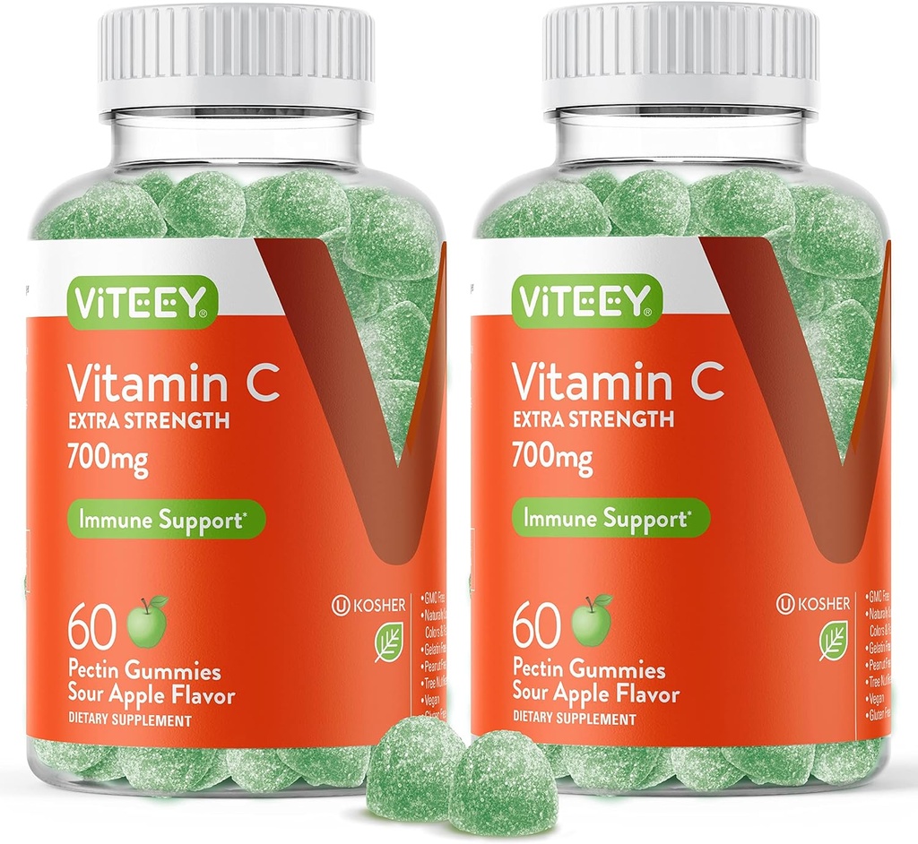 Viteey Vitamine à croquer C Gommies pour adultes - 700mg Supplément supplémentaire de soutien immunitaire - végétalien, sans gluten - 120 Compte