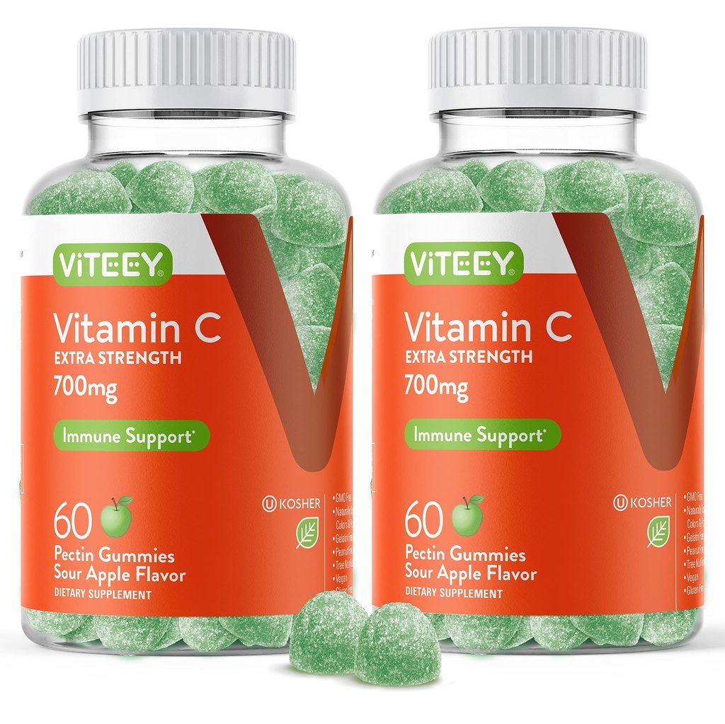 Viteey Vitamine à croquer C Gommies pour adultes - 700mg Supplément supplémentaire de soutien immunitaire - végétalien, sans gluten - 120 Compte