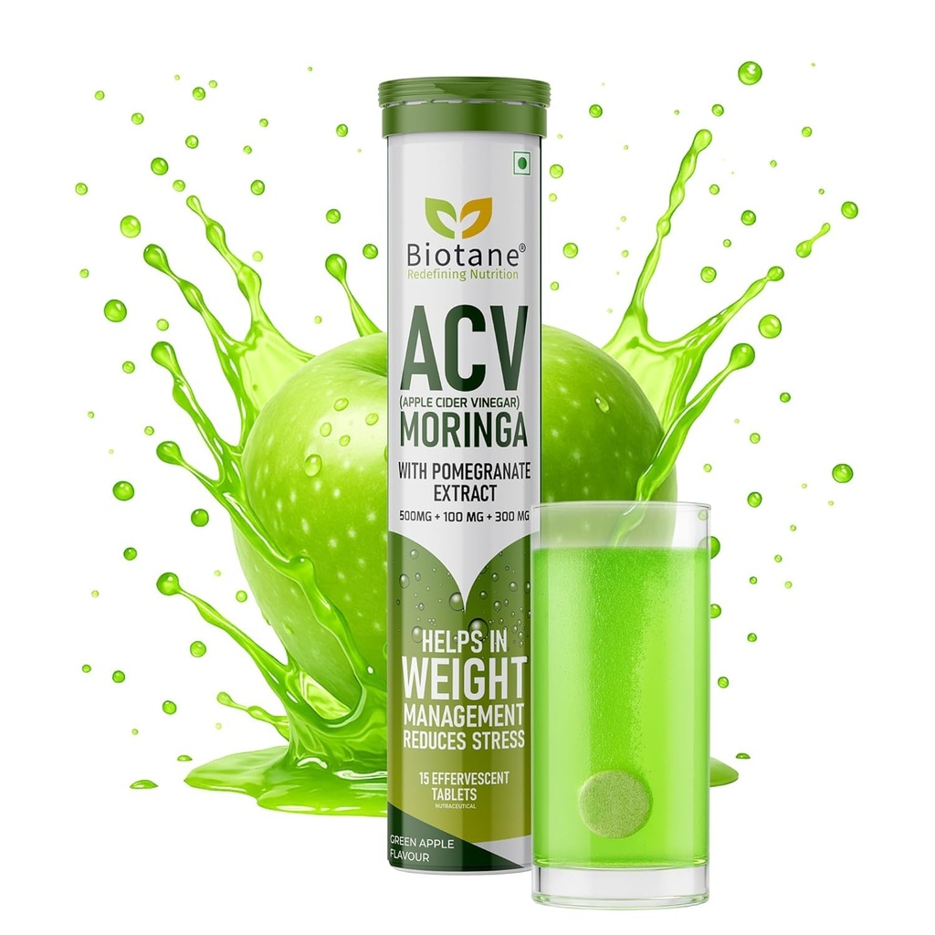 Biotane ACV (Apple Cider Vinegar) with Moringa & Pomegranate Extract Effervescent Tablets | Weight Management & Stress Relief Supplement | Green Apple Flavour – 15 Tablets
