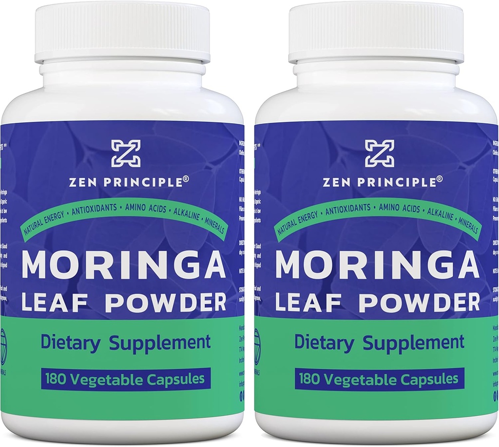 Principe Zen Organic Moringa Oleifera. Ultra-Premium. Fournit un Boost All Natural Energy et Multi-Vitamine. Un super aliment cru, végétalien, sans OGM et sans gluten. 360 capsules.