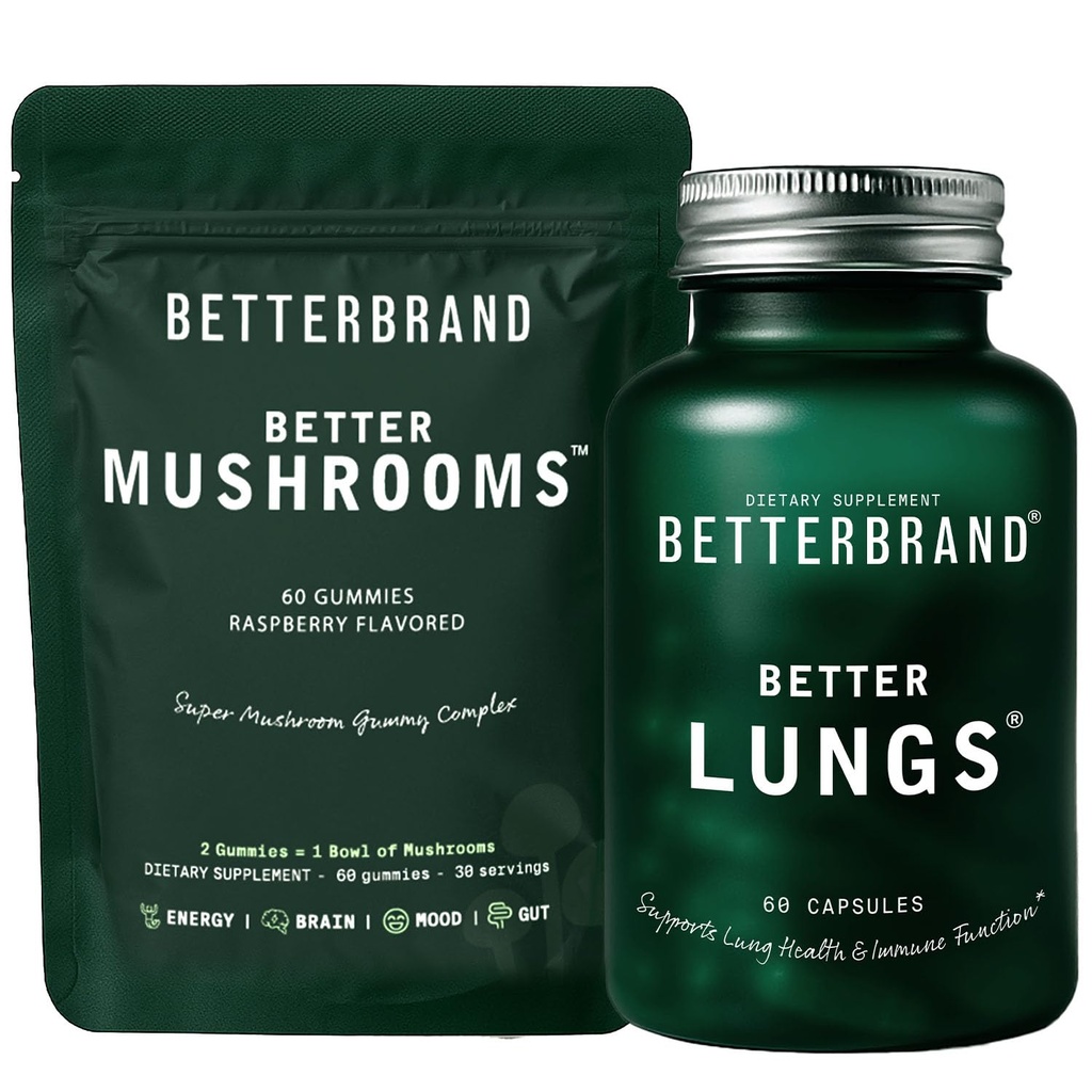Betterbrand Better Lungs & Mushrooms Bundle - Suppléments pour la santé respiratoire quotidienne et Gommies de champignons pour soutenir Gut Health Bundle