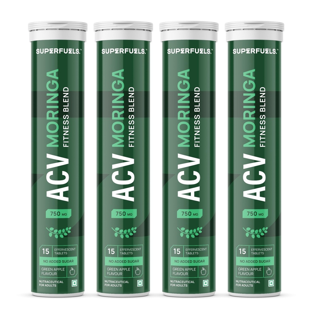 SUPERFUELS ACV Moringa - Apple Cider Vinegar Effervescent Tablets | Supports Weight Loss, Fat Burn & Gut Health | Controls Cravings | Vitamin B6 & B12 | No Added Sugar | Effervescent Tablets- Green apple | Pack of 4 (60 Tablets)