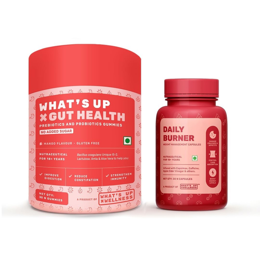 What's Up Wellness Daily Burner Capsules & Gut Health Gummies Combo | Weight Management & Prebiotics & Probiotics Supplement | Constipation, Bloating, Gas & Acidity Relief | Helps Manage Cravings, Cal