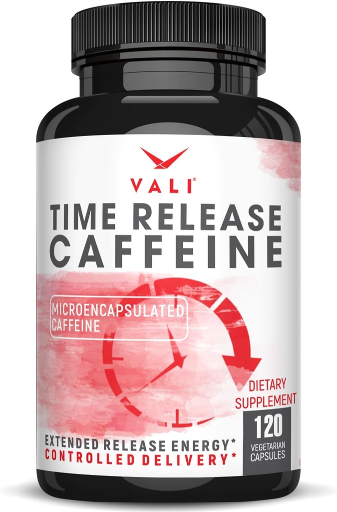 VALI Time Release Caféine 100mg Capsules- Smart Lent Release for Extended Energy & Focus. Supplément Nootropic avancé. Brain Booster Performance active, alerte et clarté. 120 Capsules de Veggie