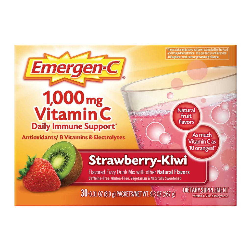 Emergen-C 1000mg Vitamin C Immune Support Powder Strawberry Kiwi 30CT includes Zinc, Manganese, 7 B Vitamins and Electrolytes for Back to School Essentials