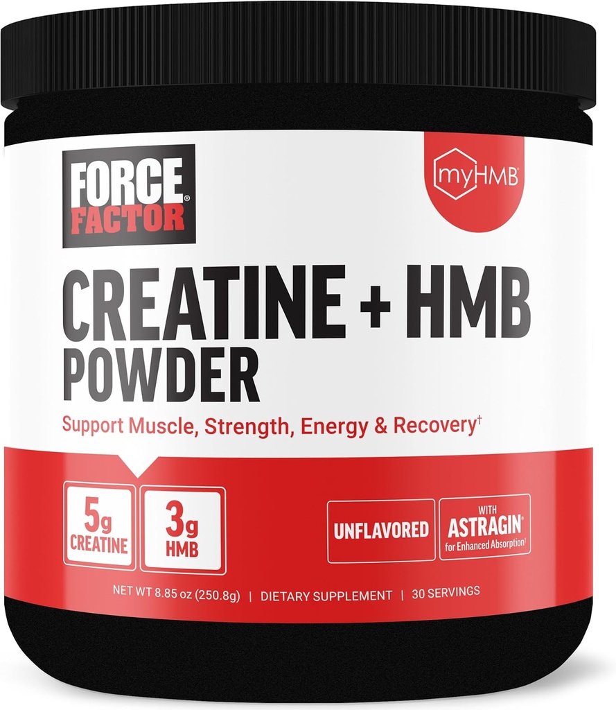 Facteur de force Creatine HMB poudre, 5g Créatine monohydraté + 3g myHMB pour la croissance musculaire, la force, l'énergie et la récupération, avec AstraGin pour l'absorption améliorée, non aromatisé, 30 portions