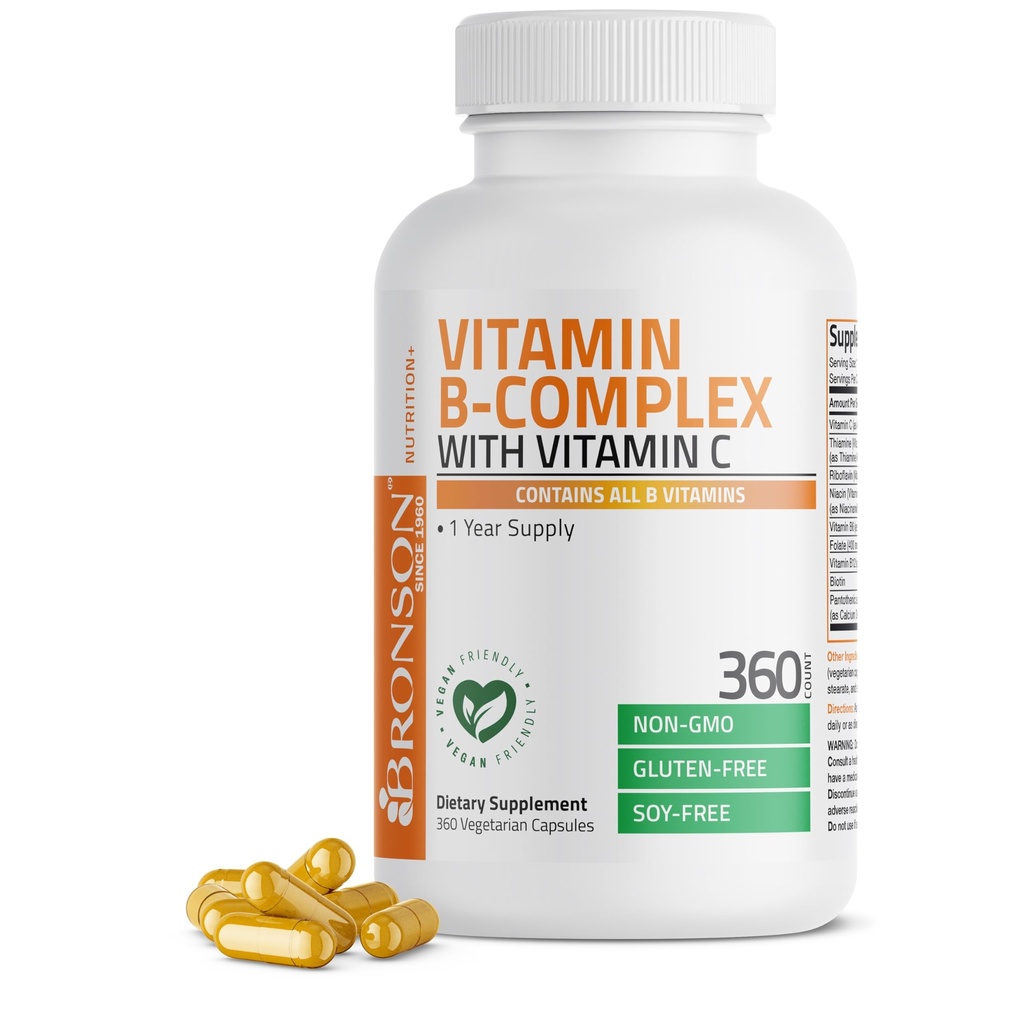 Bronson Vitamin B Complex with Vitamin C - Immune Health, Energy Support & Nervous System Support - Non-GMO, 360 Vegetarian Capsules