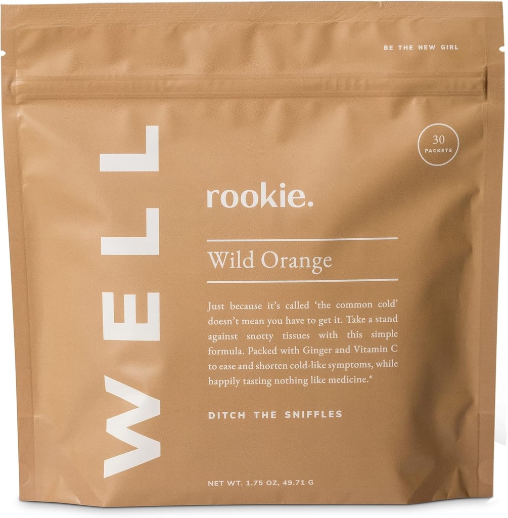 Rookie Wellness Well – Packets de soutien pour les immunes véganes avec 1000 mg de vitamine C, 14 mg de vitamine E et gingembre dans un agrumes naturel - sans sucre et sans remplissage (30 portions, orange sauvage)