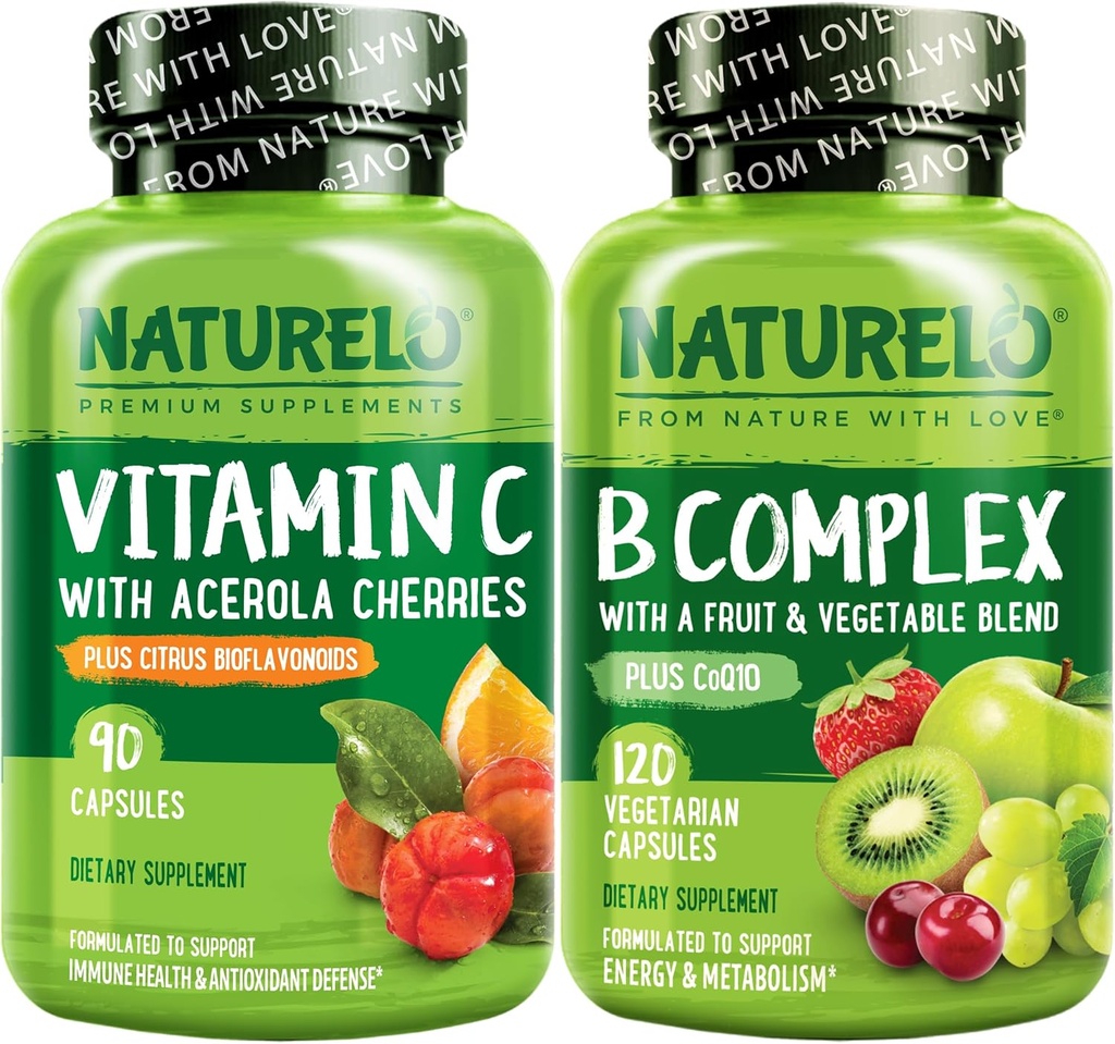 NATURELO Vitamin C Capsules, 90 Count Vitamin B Complex 120 Count