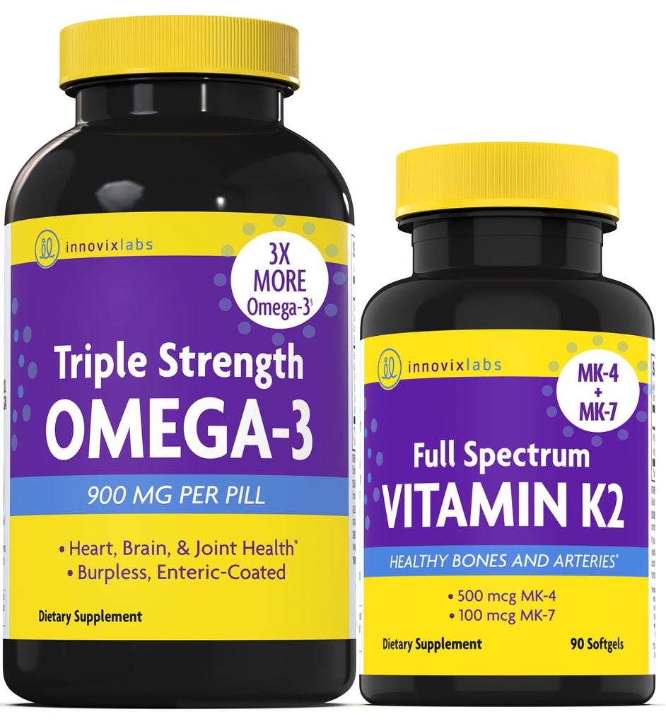 InnovixLabs Vitamine K2 & Triple Omega Ensemble complet Vitamine K2 (90 Softgels) Triple Strength Omega-3 Huile de poisson (200 Softgels). Soutient la santé des os, des artères et des articulations *.