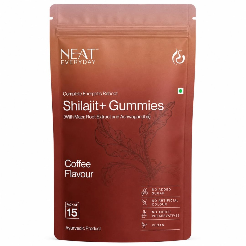 NEAT EVERYDAY Shilajit+ Gummies with Maca Root Extract & Ashwagandha | Coffee Flavour | No Added Sugar | Vegan | No Artificial Colour & Preservatives | Ayurvedic Supplement | Pack of 15 Gummies