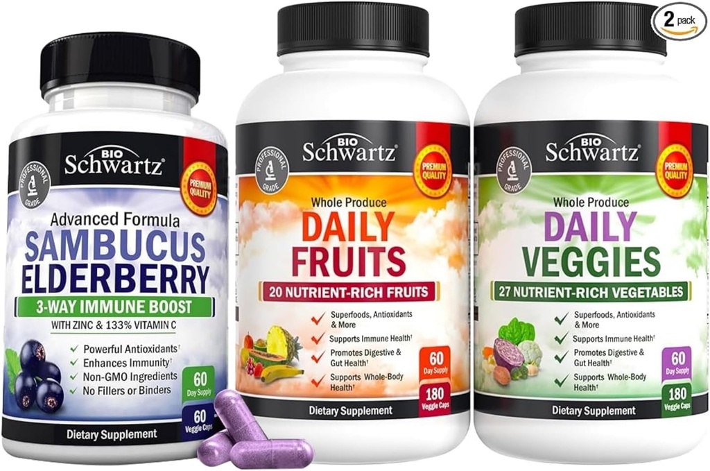 Supplément quotidien BioSchwartz Fruits et légumes pour les femmes et les hommes (2 mois d'approvisionnement) Plus Elderberry with Zinc and Vitamine C for Adult Imune Support (2 mois d'approvisionnement)