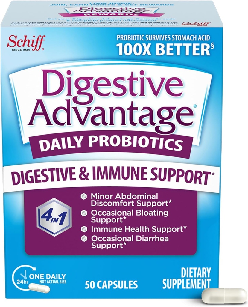 Avantage digestif Probiotiques pour la santé digestive, probiotiques quotidiens pour les femmes et les hommes, soutient la santé gustative, le bloom occasionnel et la diarrhée, le malaise abdominal mineur, et le soutien immunitaire, 50ct Capsules