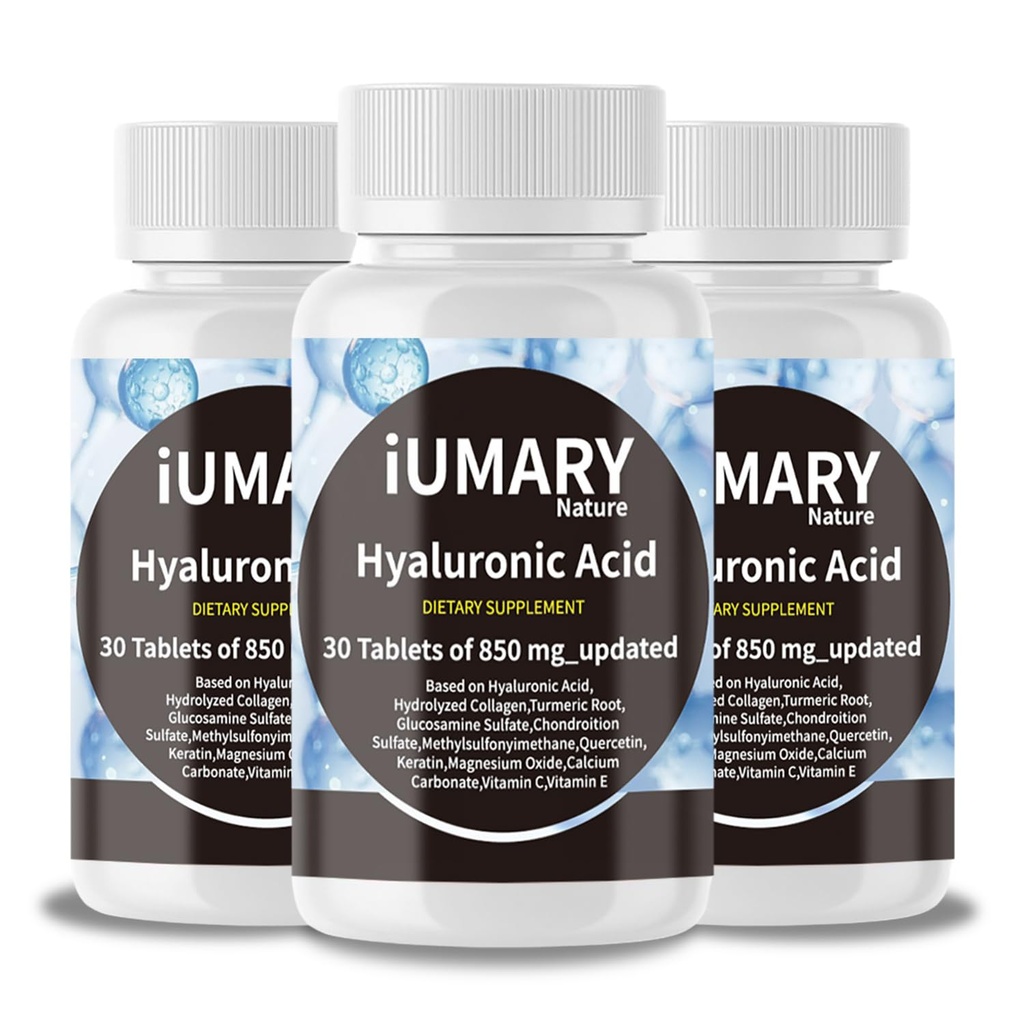Suppléments d'acide hyaluronique, 850mg Acide hyaluronique diététique à haute biodisponibilité - Soutien articulaire avancé avec collagène hydrolysé, curcuma, Glu-cosamine, MSM, vitamine C – 30 comprimés (paquet de 3)