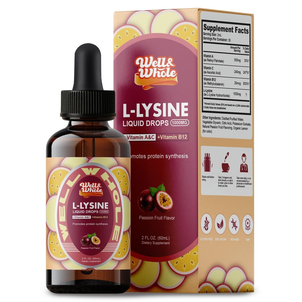 L-Lysine Supplément gouttes liquides L-Lysine 1000mg Teinture avec vitamine A, C et B12 pour les adultes et les enfants